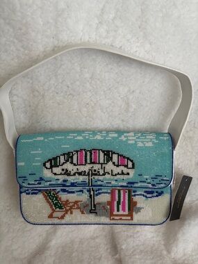 Beaded Beach Scene Shoulder Bag - Turquoise/White